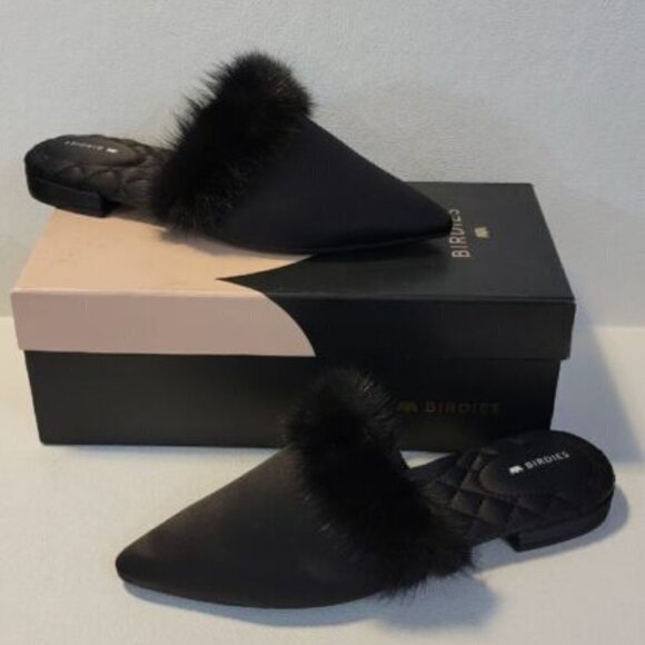Birdies The Dove Onyx Black Women's Slip On Mink Fur Pointed Toe Mules Shoes - Picture 1 of 7
